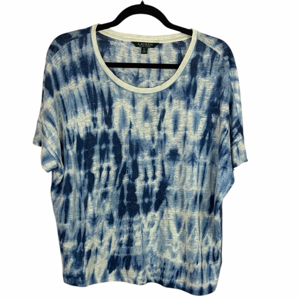Lauren Ralph Lauren Blue Tie Dye Linen Top Short Sleeve Large Petite Coastal